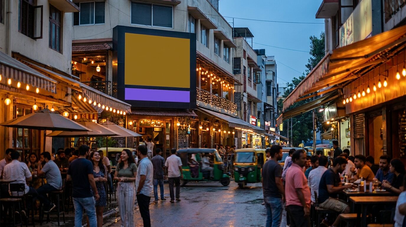 A lively Bengaluru restaurant and dining street at night with warm glowing signage.