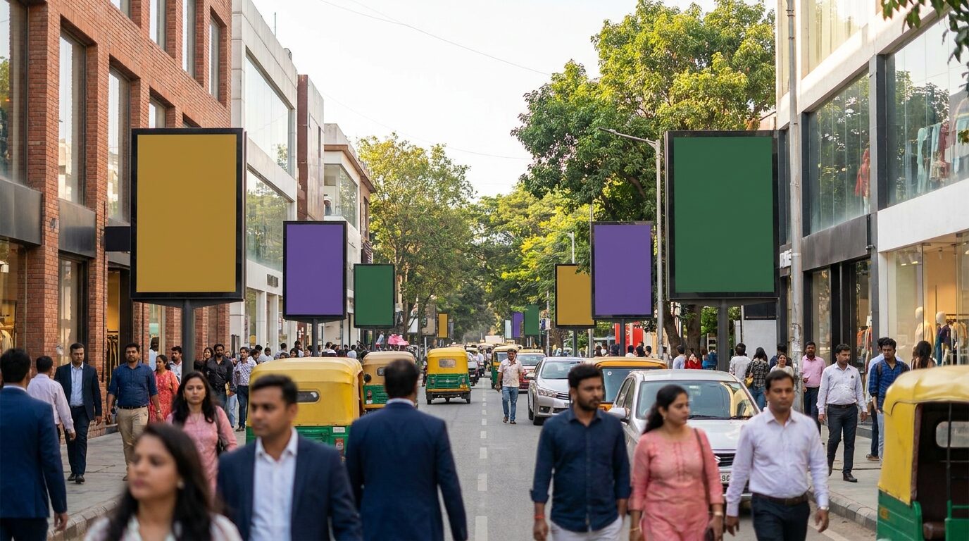 A vibrant Bengaluru high-street retail district at dusk with lit shopfronts and out-of-home.