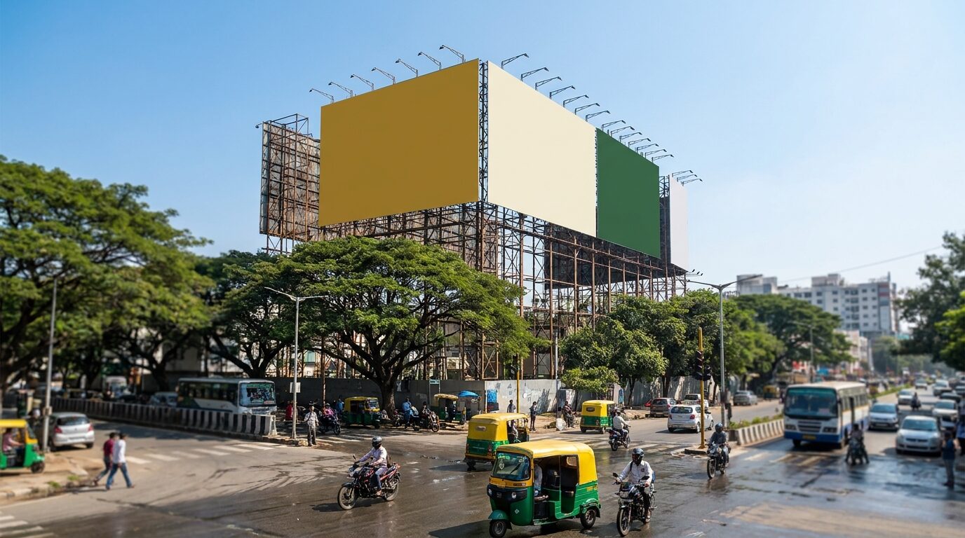 A large illuminated billboard hoarding over a busy Bengaluru junction at dusk.