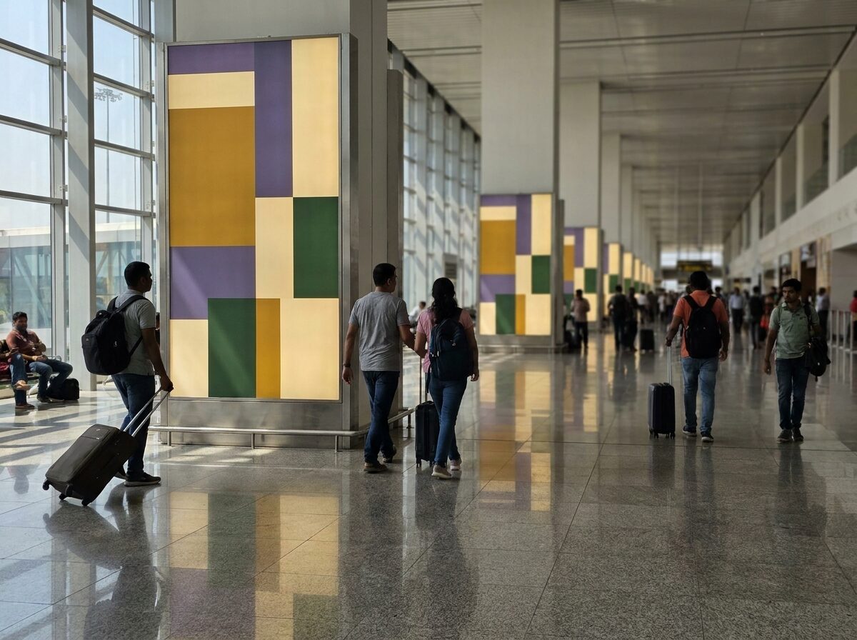 Travellers walking past premium backlit advertising displays in the Bengaluru airport terminal.