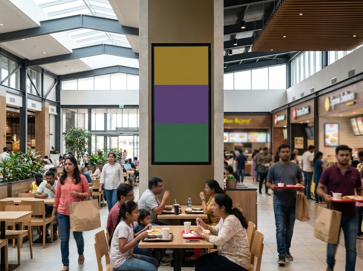 A digital advertising screen in a Bengaluru tech-park lobby with professionals walking past.