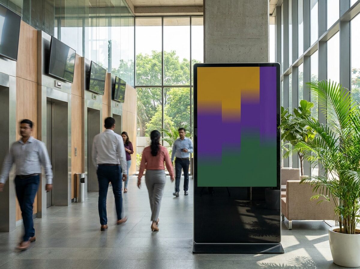 A digital advertising screen in a premium Bengaluru shopping mall atrium.