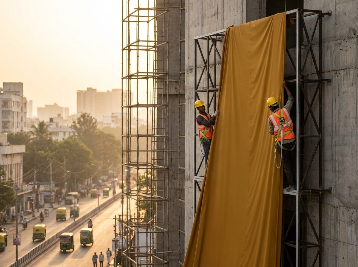 Riggers installing a large vinyl billboard skin at height at dusk in Bengaluru.