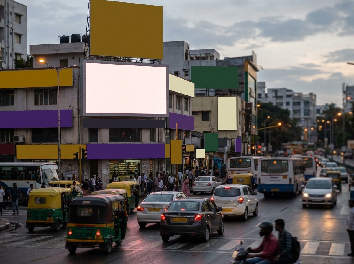 A cluster of bright LED digital screens at a Bengaluru tech-corridor junction at blue hour.