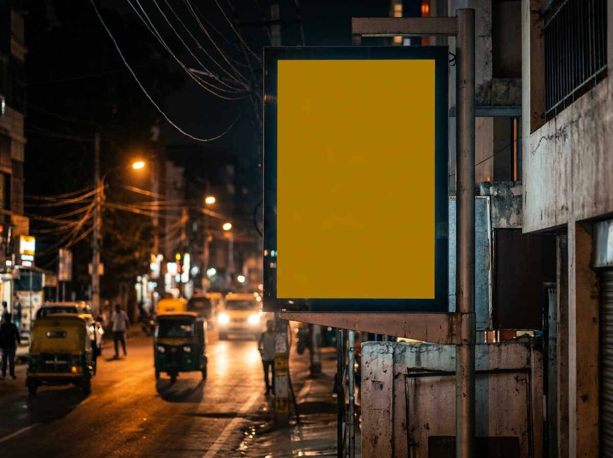 A digital out-of-home screen reflecting on a wet Bengaluru street at night.