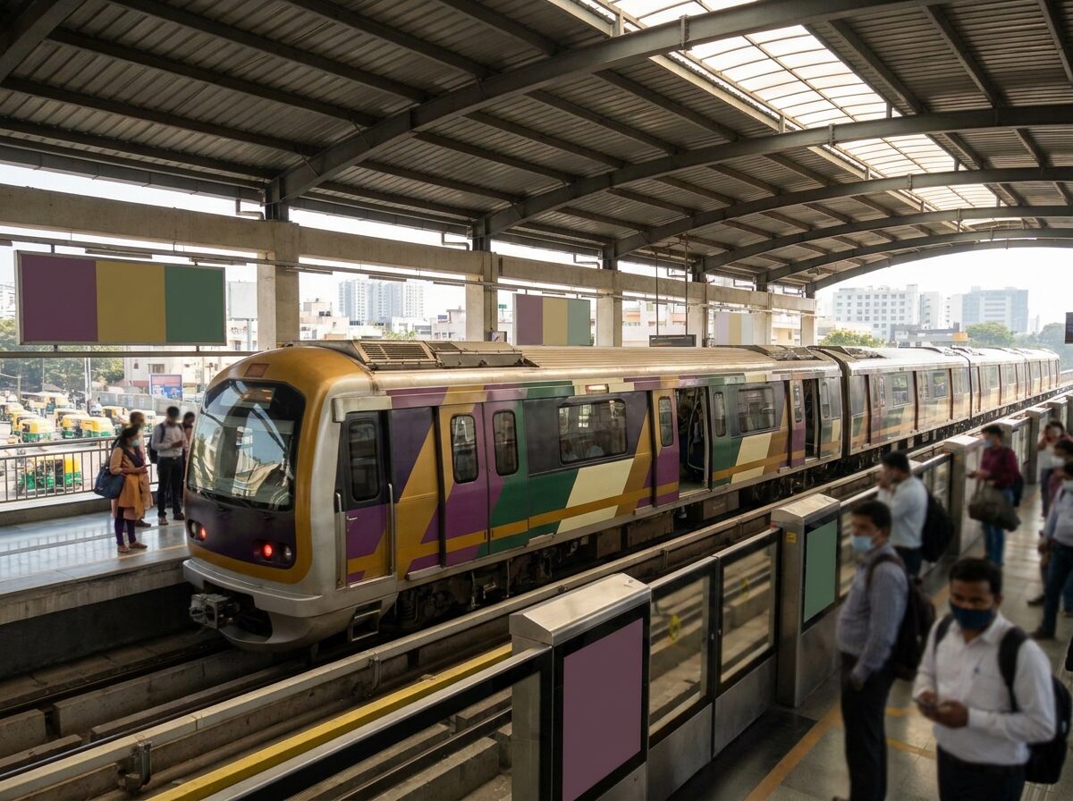 A Namma Metro station concourse in Bengaluru with advertising panels and commuters in motion.