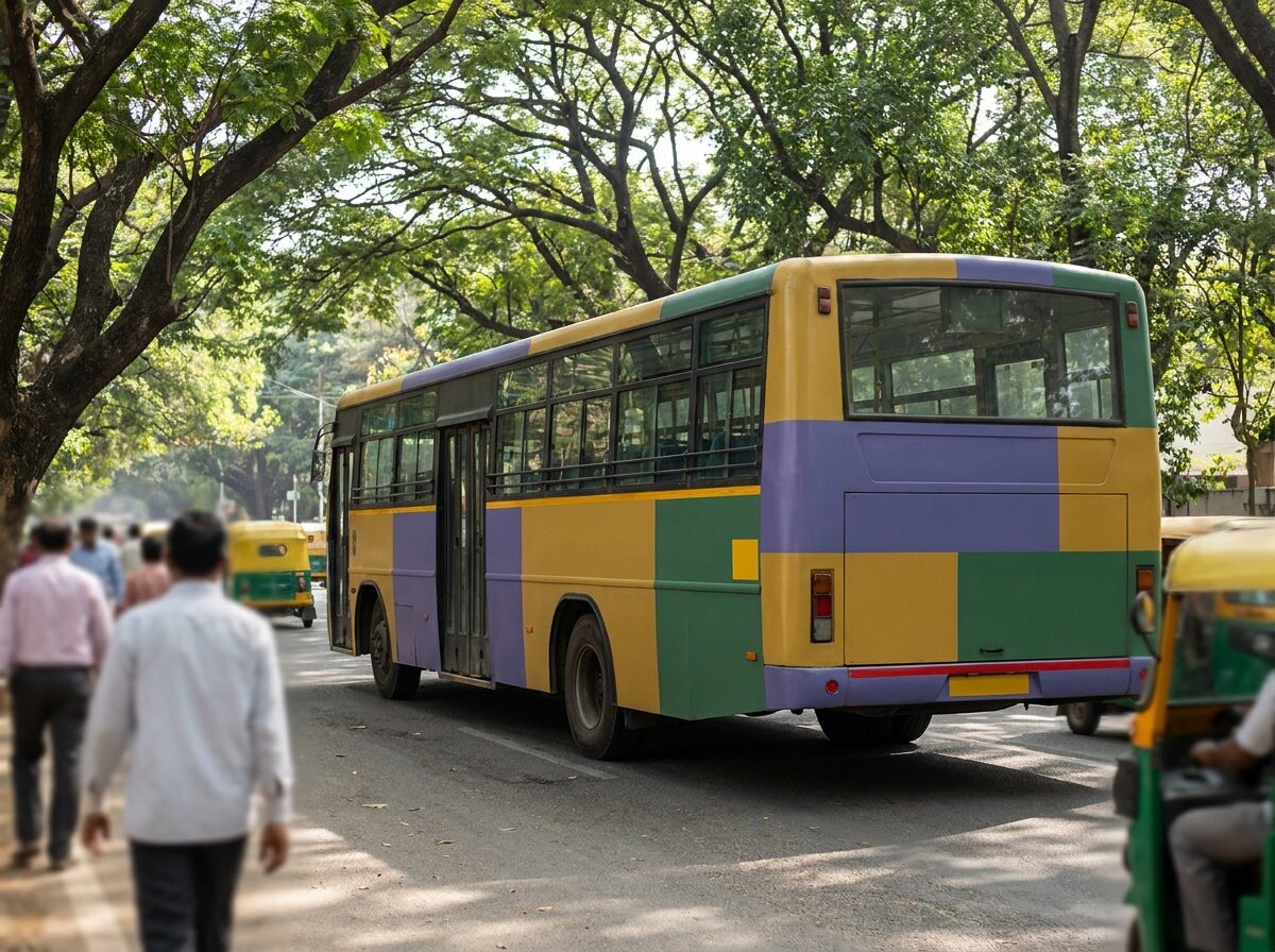 An advertising-wrapped BMTC city bus moving through a Bengaluru high street at dusk.